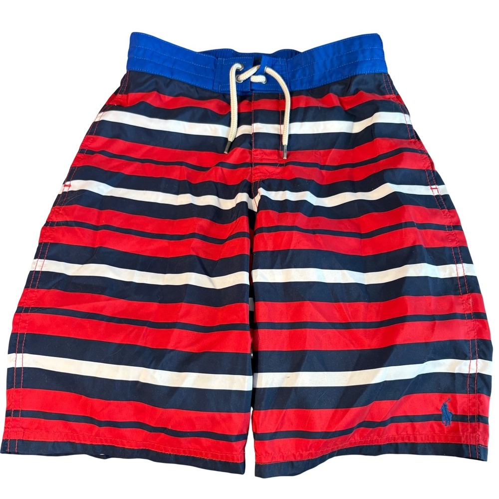 Polo Ralph Lauren Swim Trunks Boys M 10-12 Red Blue Striped‎ Mesh Lined Shorts